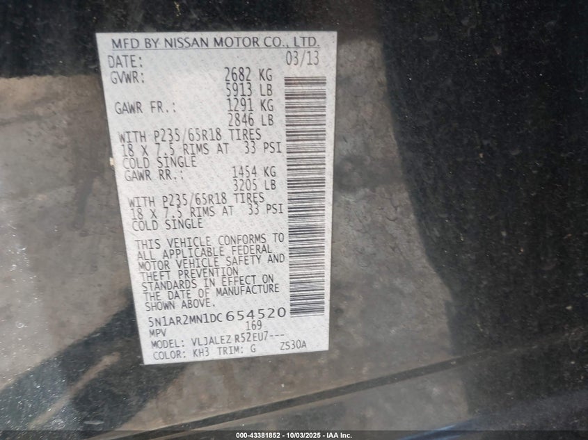 2013 Nissan Pathfinder Sv VIN: 5N1AR2MN1DC654520 Lot: 43381852