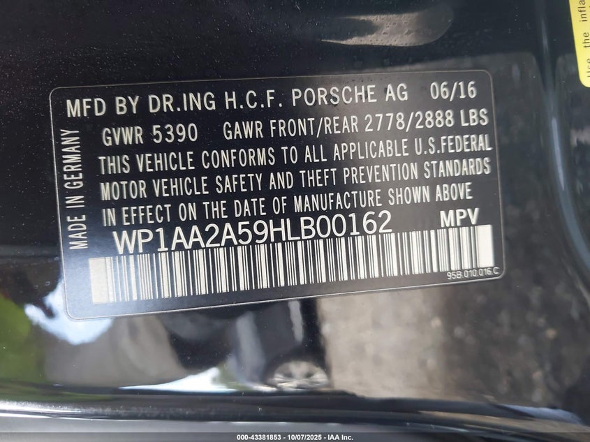 2017 Porsche Macan 2.0 Black Lot 111043381853 Vin WP1AA2A59HLB00162