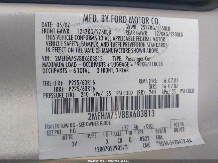 2008 Mercury Grand Marquis Ls VIN: 2MEHM75V88X603813 Lot: 43381859