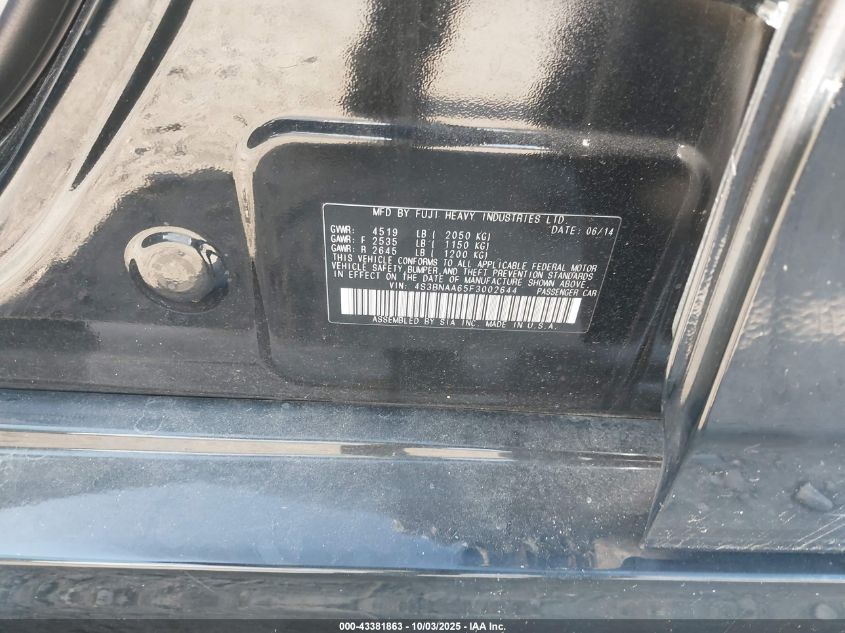 2015 Subaru Legacy 2.5I VIN: 4S3BNAA65F3002644 Lot: 43381863