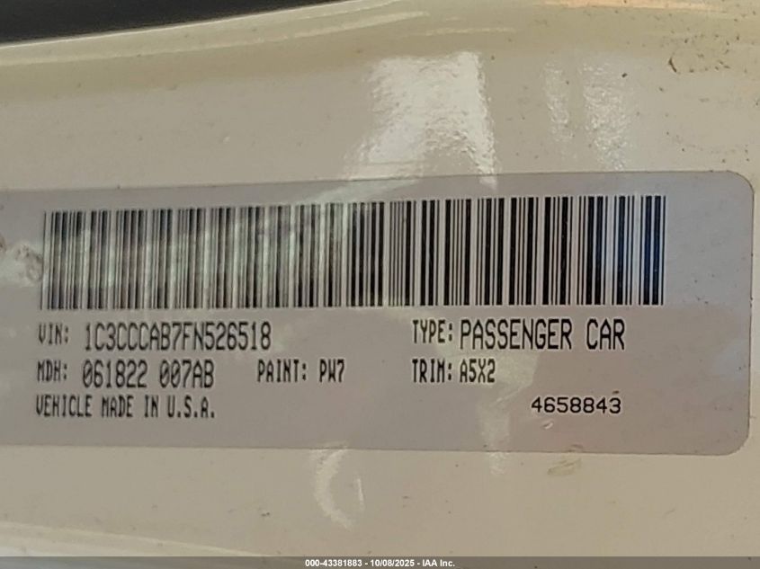 2015 Chrysler 200 Limited VIN: 1C3CCCAB7FN526518 Lot: 43381883