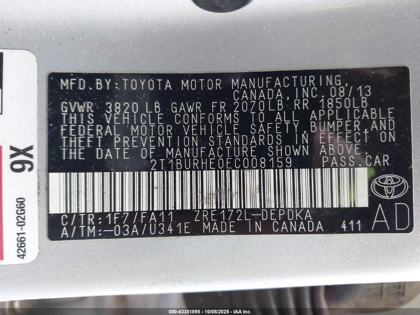 2014 Toyota Corolla L VIN: 2T1BURHE0EC008159 Lot: 43381895