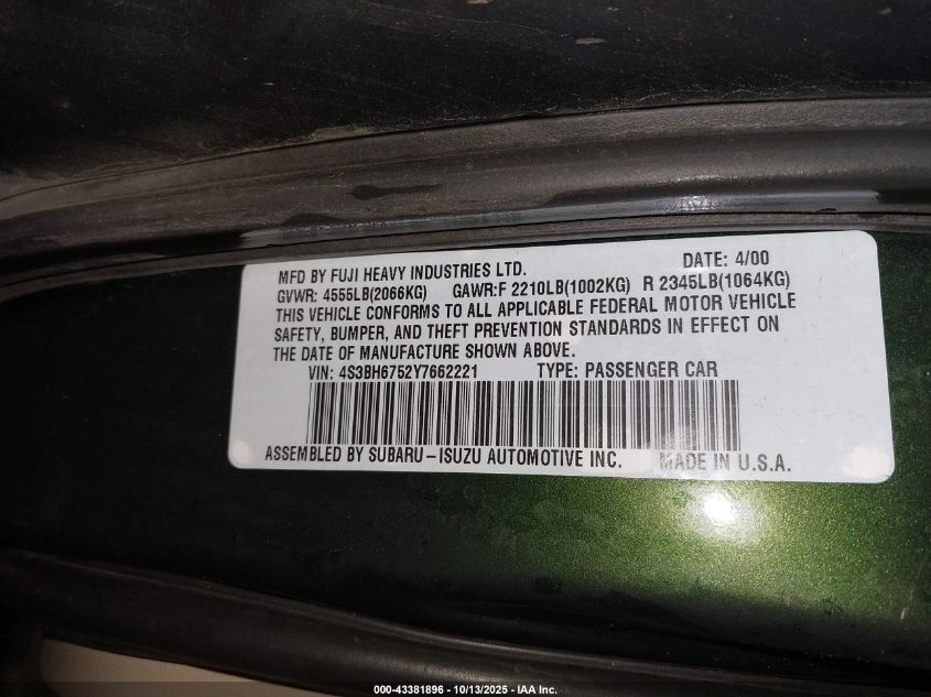 2000 Subaru Outback VIN: 4S3BH6752Y7662221 Lot: 43381896