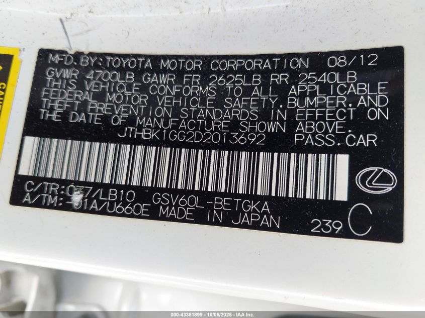 2013 Lexus Es 350 VIN: JTHBK1GG2D2013692 Lot: 43381899