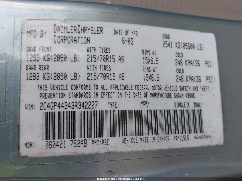 2003 Chrysler Town & Country Lx VIN: 2C4GP44343R342227 Lot: 43381907