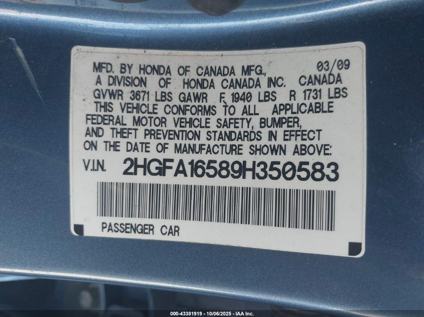 2009 Honda Civic Lx VIN: 2HGFA16589H350583 Lot: 43381919