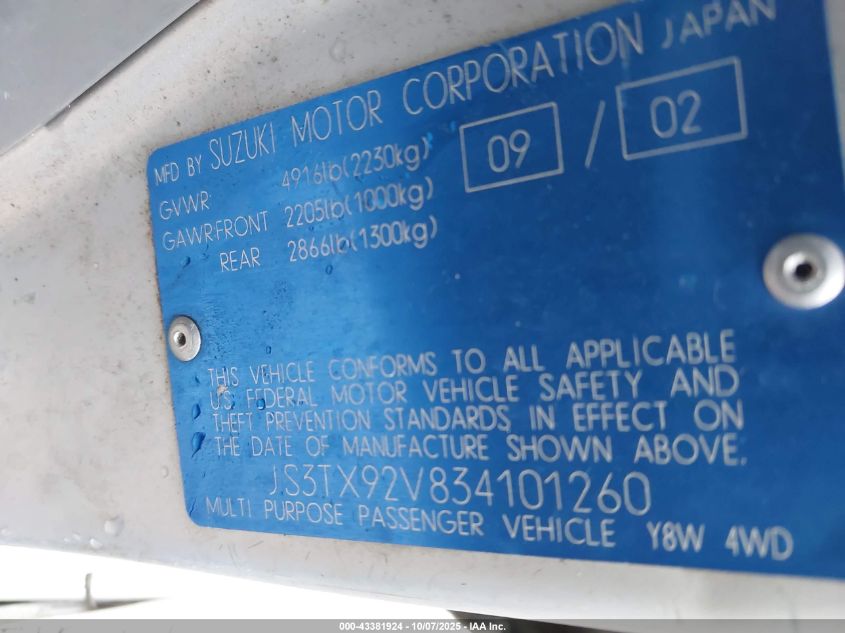 2003 Suzuki Xl-7 Ltd/Touring VIN: JS3TX92V834101260 Lot: 43381924