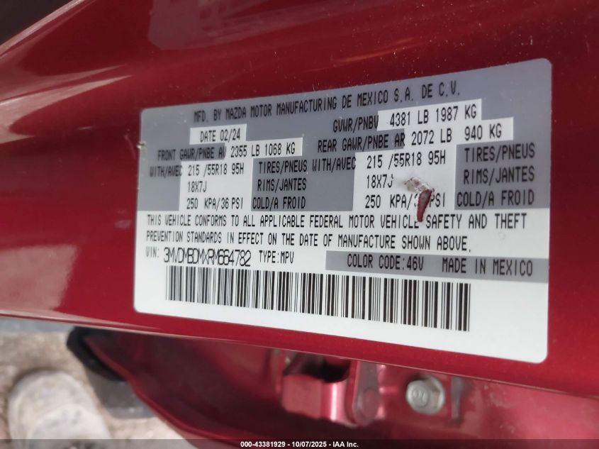 2024 Mazda Cx-30 2.5 S Premium Package VIN: 3MVDMBDMXRM664782 Lot: 43381929