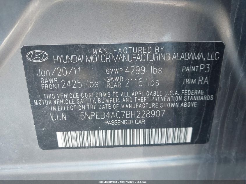 2011 Hyundai Sonata Gls VIN: 5NPEB4AC7BH228907 Lot: 43381931