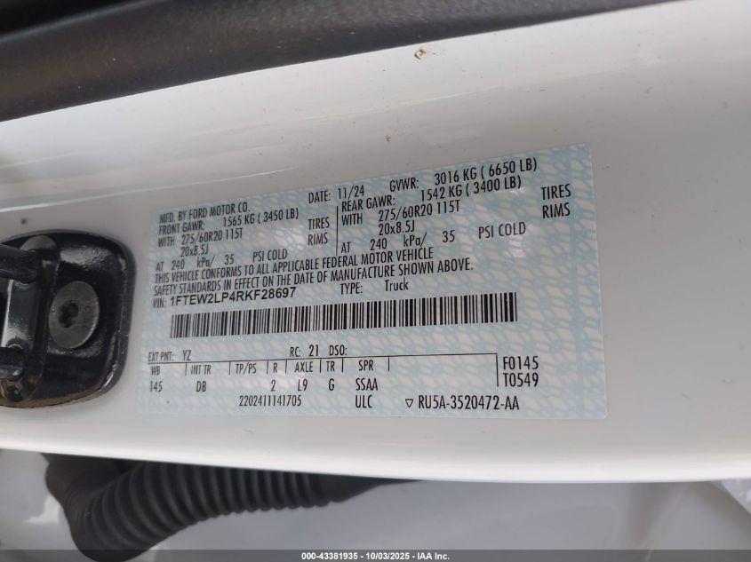 2024 Ford F-150 Stx VIN: 1FTEW2LP4RKF28697 Lot: 43381935