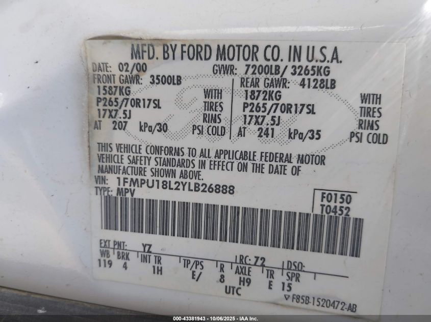 2000 Ford Expedition Eddie Bauer VIN: 1FMPU18L2YLB26888 Lot: 43381943