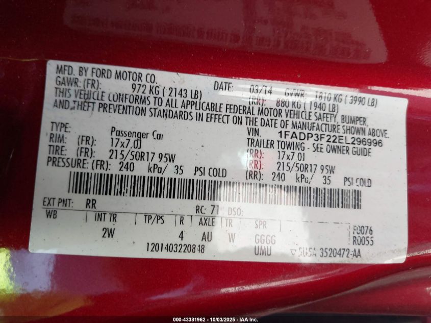 2014 Ford Focus Se VIN: 1FADP3F22EL296996 Lot: 43381962