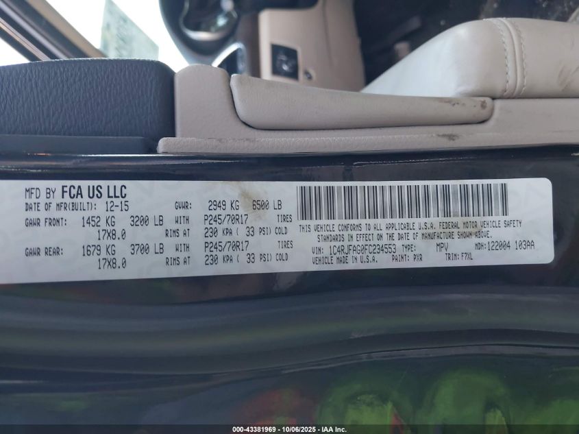2015 Jeep Grand Cherokee Laredo VIN: 1C4RJFAG0FC234553 Lot: 43381969