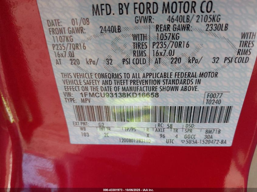 2008 Ford Escape Xlt VIN: 1FMCU93138KD16658 Lot: 43381973