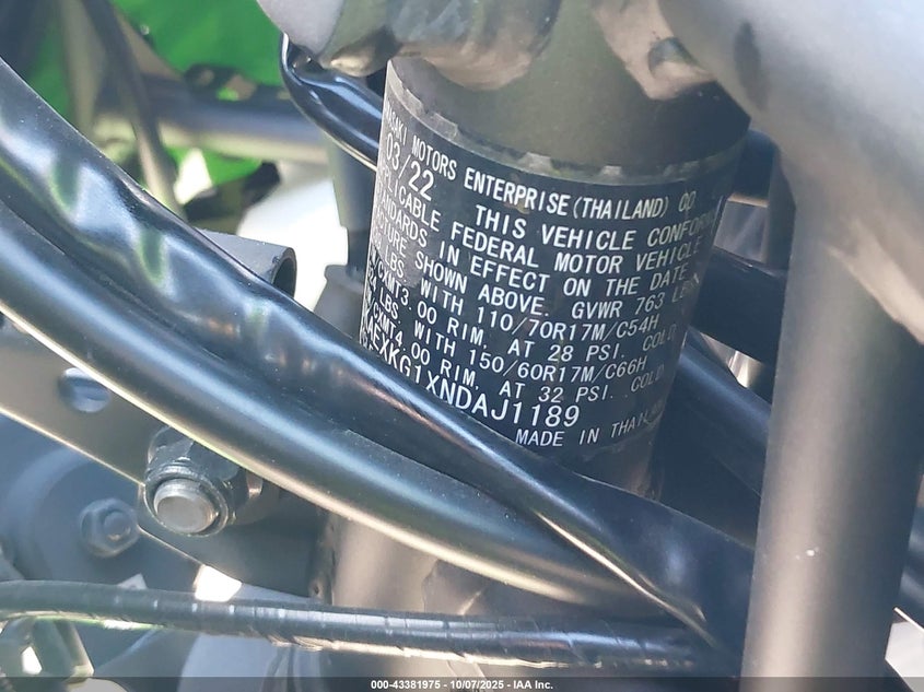 2022 Kawasaki Ex400 VIN: JKAEXKG1XNDAJ1189 Lot: 43381975