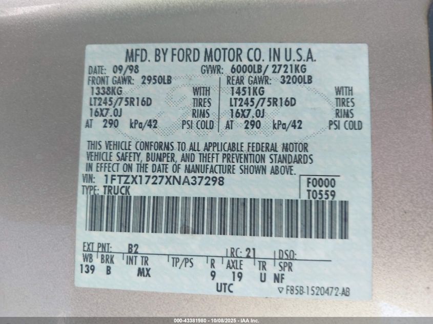 1999 Ford F-150 Work Series/Xl/Xlt VIN: 1FTZX1727XNA37298 Lot: 43381980