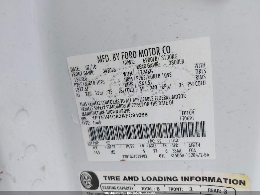 2010 Ford F-150 Fx2 Sport/Xl/Xlt VIN: 1FTEW1C83AFC91068 Lot: 43381981