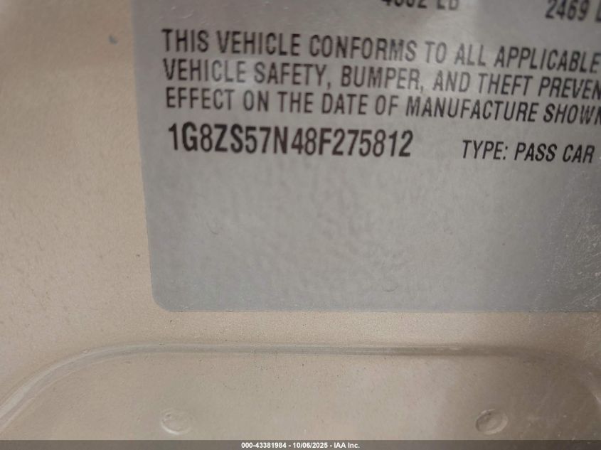 2008 Saturn Aura Xe VIN: 1G8ZS57N48F275812 Lot: 43381984