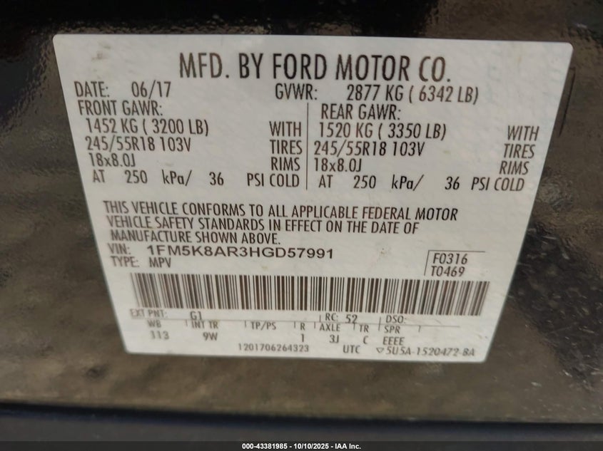 2017 Ford Police Interceptor VIN: 1FM5K8AR3HGD57991 Lot: 43381985