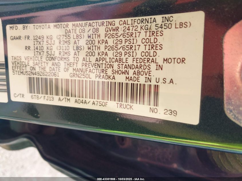 2009 Toyota Tacoma Base V6 VIN: 5TEMU52N49Z622061 Lot: 43381986
