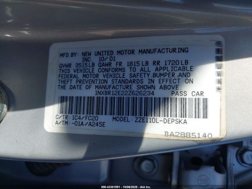 2002 Toyota Corolla S VIN: 1NXBR12E22Z626234 Lot: 43381991