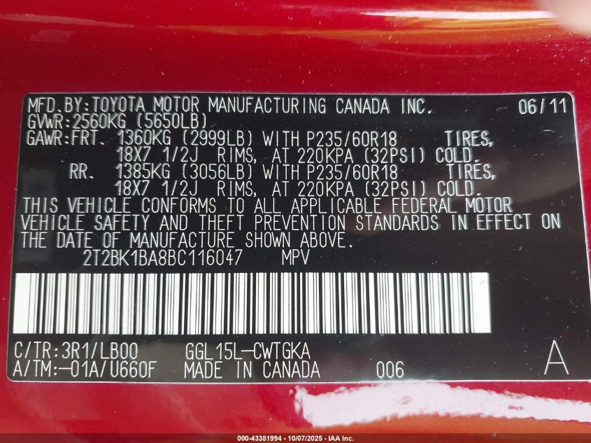 2011 Lexus Rx 350 VIN: 2T2BK1BA8BC116047 Lot: 43381994