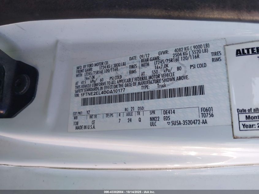 2013 Ford E-250 Commercial VIN: 1FTNE2EL4DDA10177 Lot: 43382004