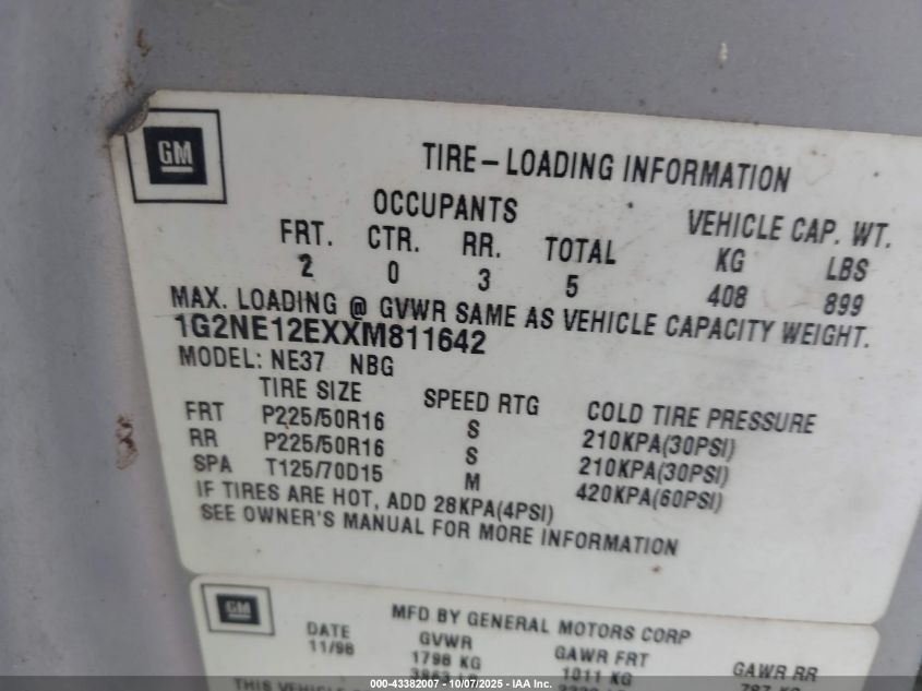 1999 Pontiac Grand Am Se2 VIN: 1G2NE12EXXM811642 Lot: 43382007