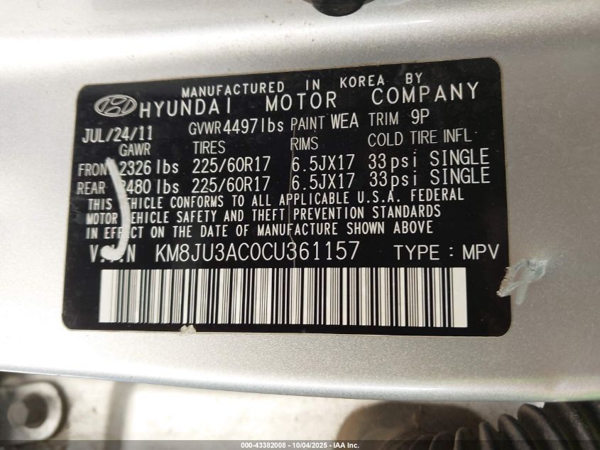 2012 Hyundai Tucson Gls VIN: KM8JU3AC0CU361157 Lot: 43382008