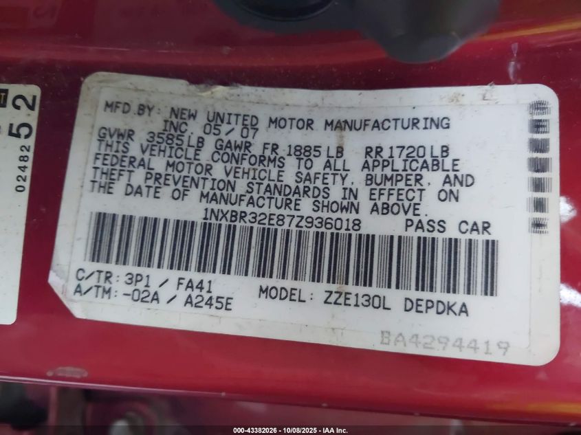 2007 Toyota Corolla Ce VIN: 1NXBR32E87Z936018 Lot: 43382026