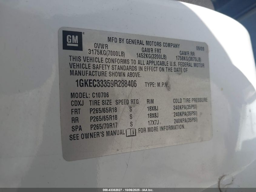 2009 GMC Yukon Slt2 VIN: 1GKEC33359R288406 Lot: 43382027