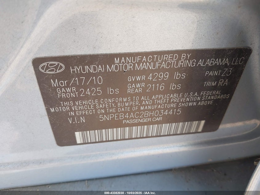2011 Hyundai Sonata Gls VIN: 5NPEB4AC2BH034415 Lot: 43382038