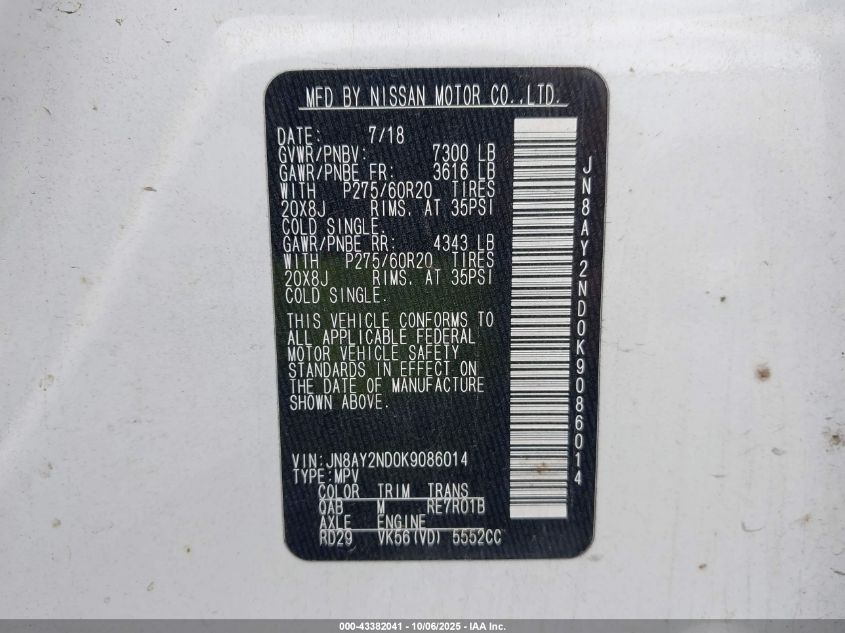 2019 Nissan Armada Sl VIN: JN8AY2ND0K9086014 Lot: 43382041