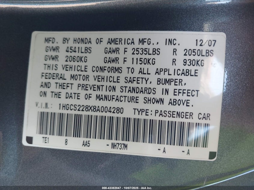2008 Honda Accord 3.5 Ex-L VIN: 1HGCS228X8A004280 Lot: 43382047