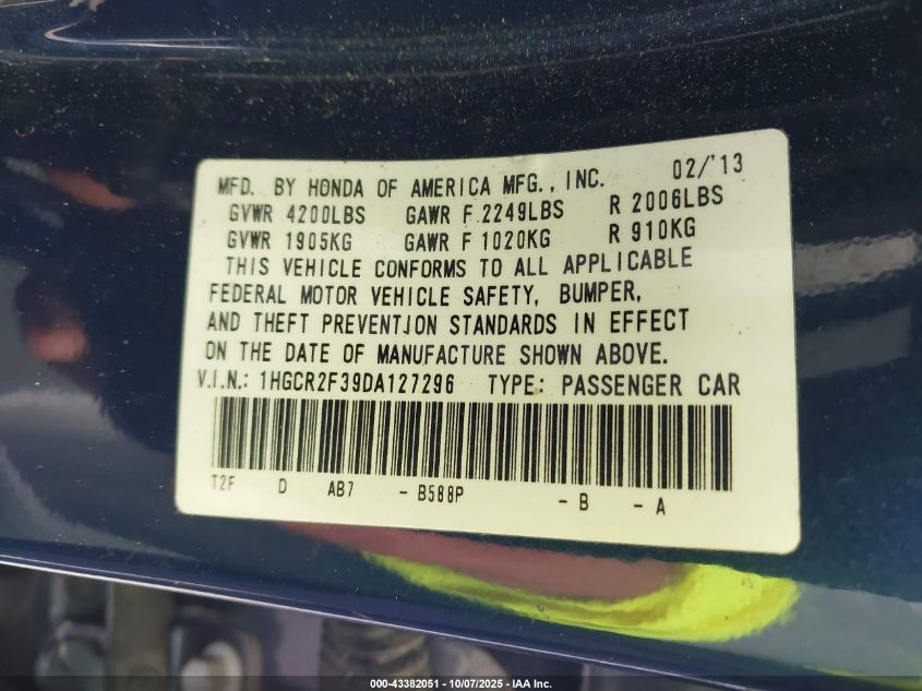 2013 Honda Accord Lx VIN: 1HGCR2F39DA127296 Lot: 43382051