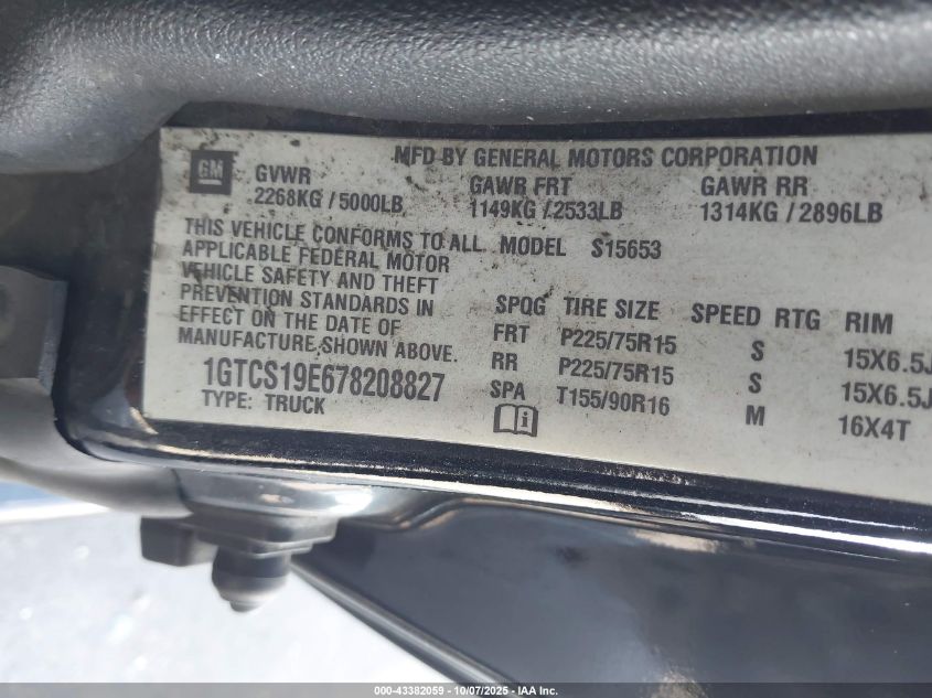 2007 GMC Canyon Sle1 VIN: 1GTCS19E678208827 Lot: 43382059