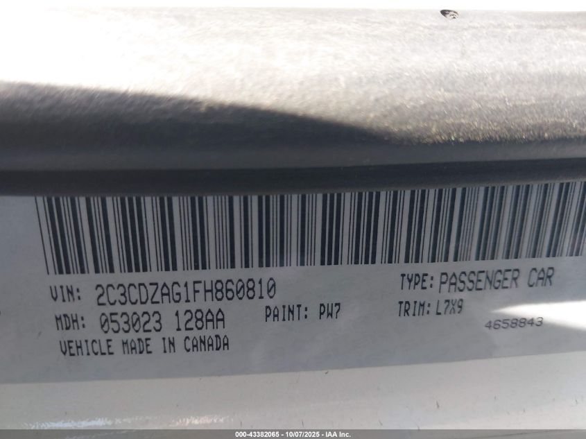 2015 Dodge Challenger Sxt VIN: 2C3CDZAG1FH860810 Lot: 43382065