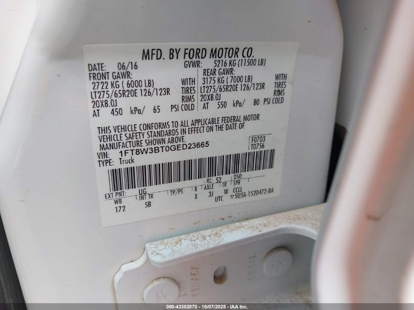 2016 Ford F-350 Lariat VIN: 1FT8W3BT0GED23665 Lot: 43382070