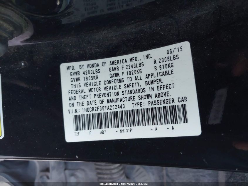 2015 Honda Accord Lx VIN: 1HGCR2F36FA202443 Lot: 43382081