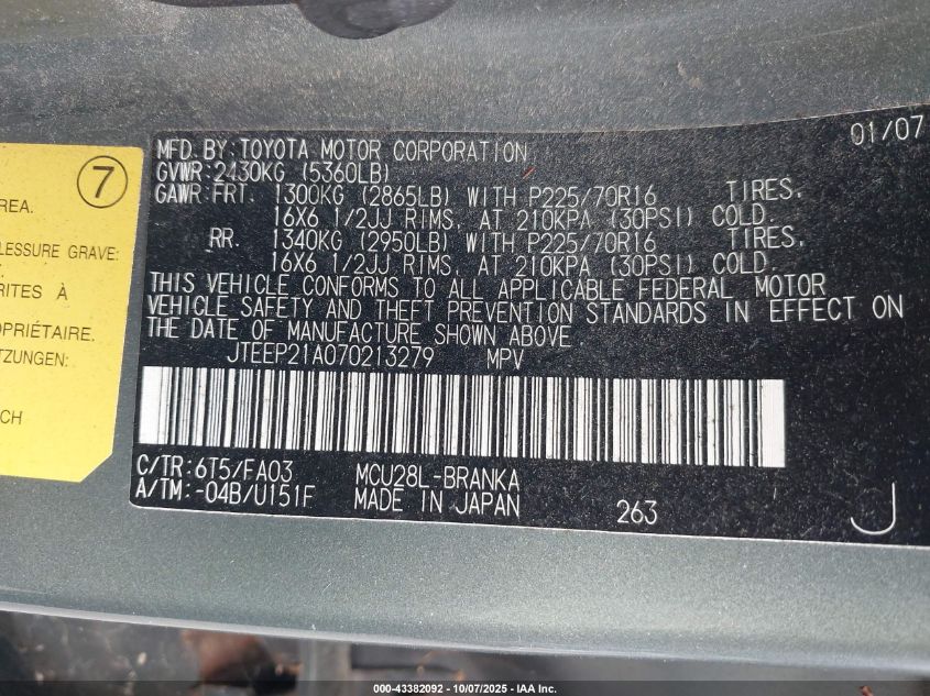 2007 Toyota Highlander V6 VIN: JTEEP21A070213279 Lot: 43382092