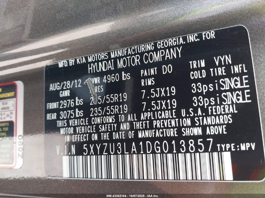 2013 Hyundai Santa Fe Sport 2.0T VIN: 5XYZU3LA1DG013857 Lot: 43382104