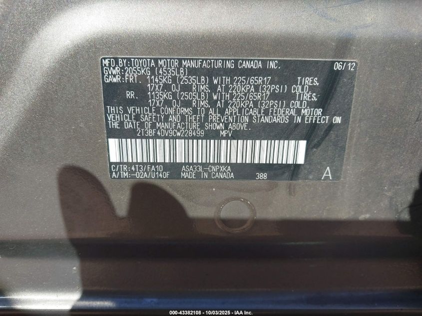 2012 Toyota Rav4 VIN: 2T3BF4DV9CW228499 Lot: 43382108