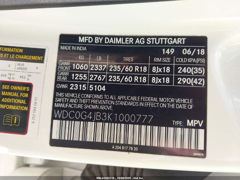 2019 Mercedes-Benz Glc 300 VIN: WDC0G4JB3K1000777 Lot: 43382118