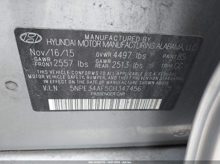 2016 Hyundai Sonata Sport VIN: 5NPE34AF5GH347456 Lot: 43382119