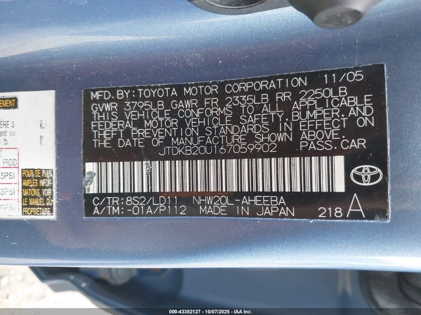 2006 Toyota Prius VIN: JTDKB20U167059902 Lot: 43382127