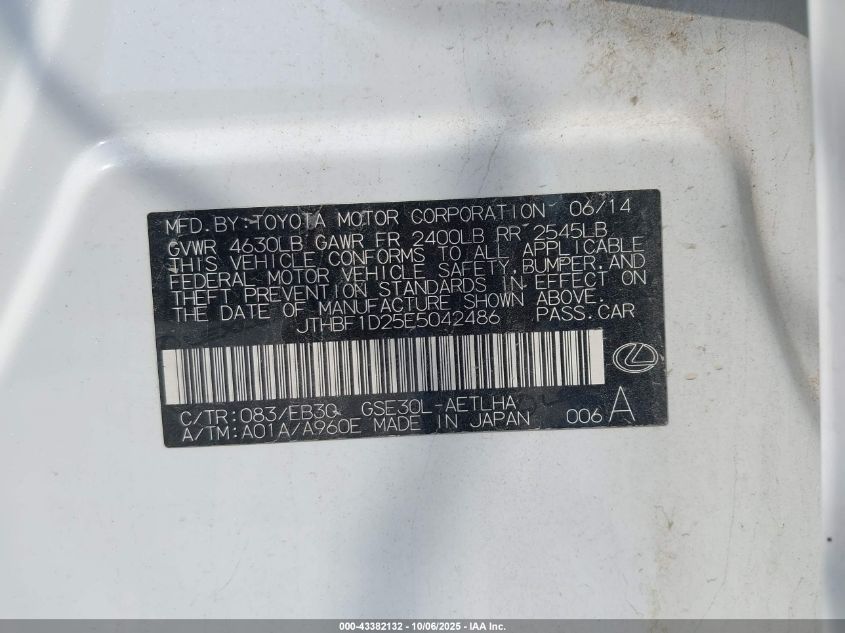 2014 Lexus Is 250 VIN: JTHBF1D25E5042486 Lot: 43382132