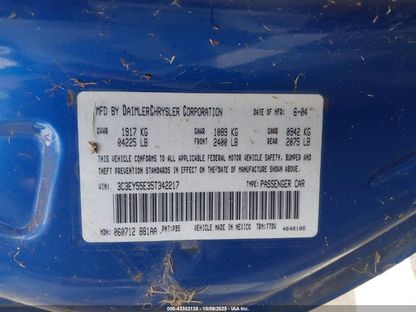 2005 Chrysler Pt Cruiser Touring VIN: 3C3EY55E35T342217 Lot: 43382135