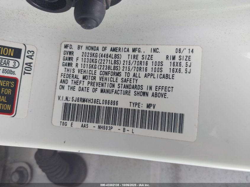 2014 Honda Cr-V Lx VIN: 5J6RM4H38EL096896 Lot: 43382138