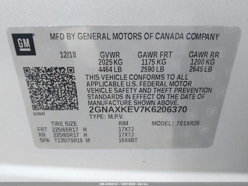 2019 Chevrolet Equinox Lt VIN: 2GNAXKEV7K6206370 Lot: 43382141