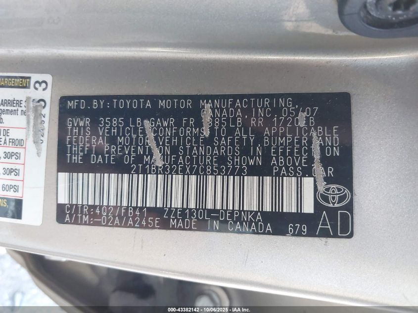 2007 Toyota Corolla Le VIN: 2T1BR32EX7C853773 Lot: 43382142